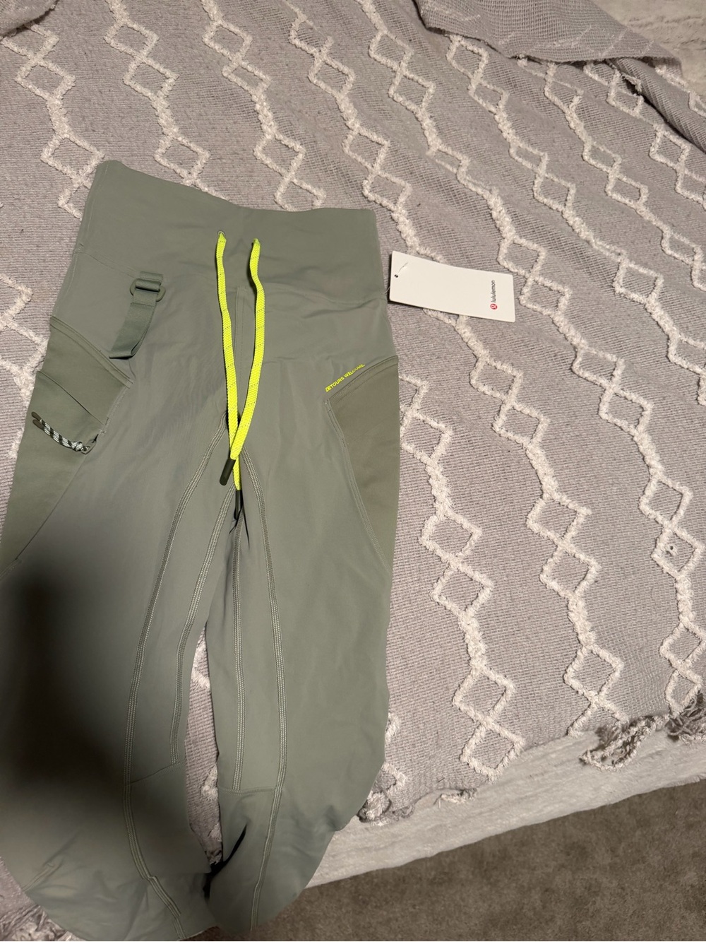 lululemon athletica Olive Green Leggings with Neon Yellow Drawcord